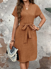 Textured Notched Tie-Waist Dress OutfitFlow